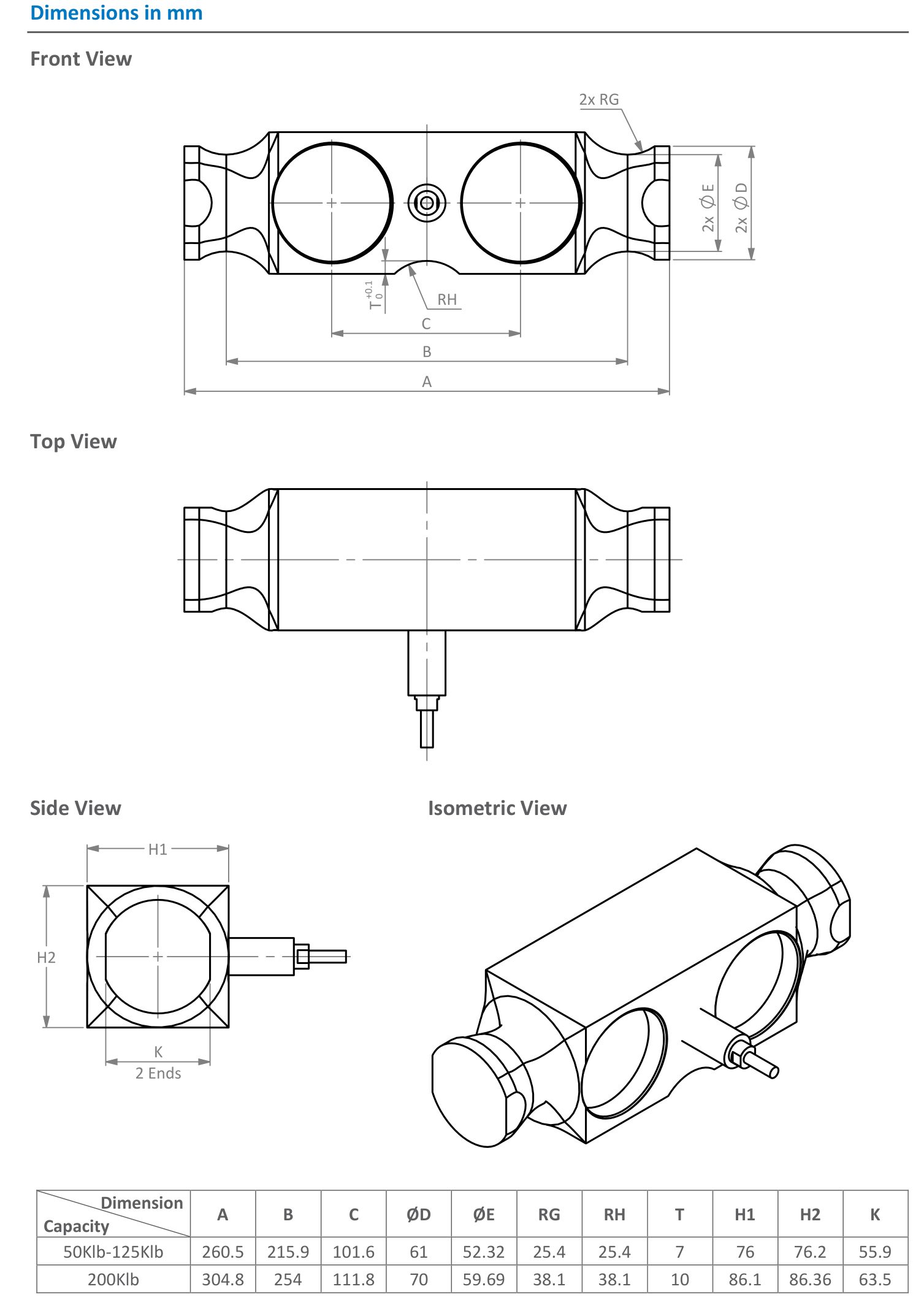 Plano de dimensiones de Celda de carga de doble viga a cortante Zemic HM9E de 50000 lb (HM9E-N10-50K-12B)