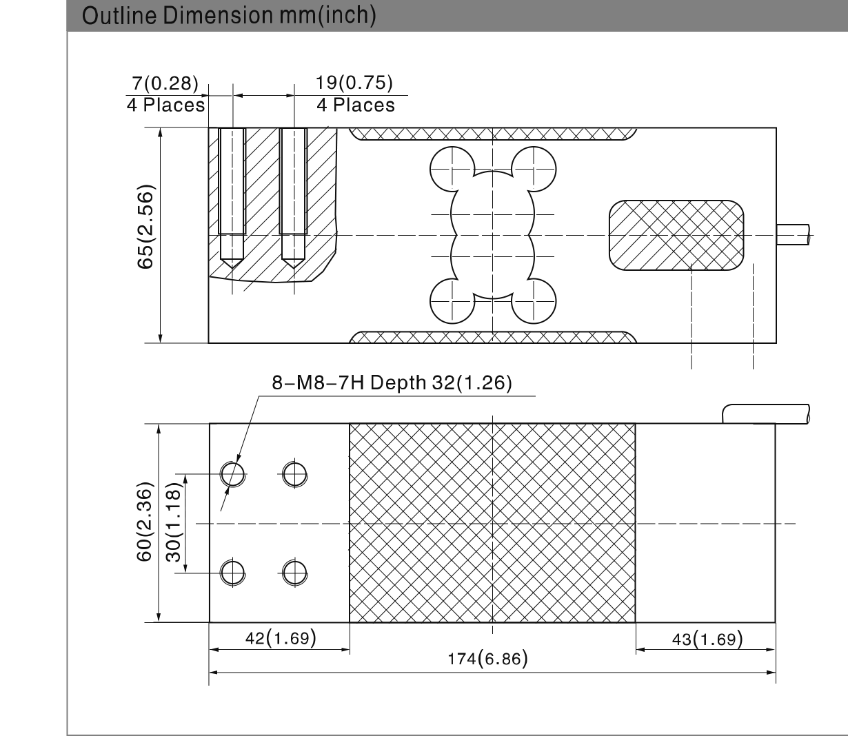Dibujo de dimensiones de la celda de carga Zemic L6G-C3-600kg-3G6 de punto único
