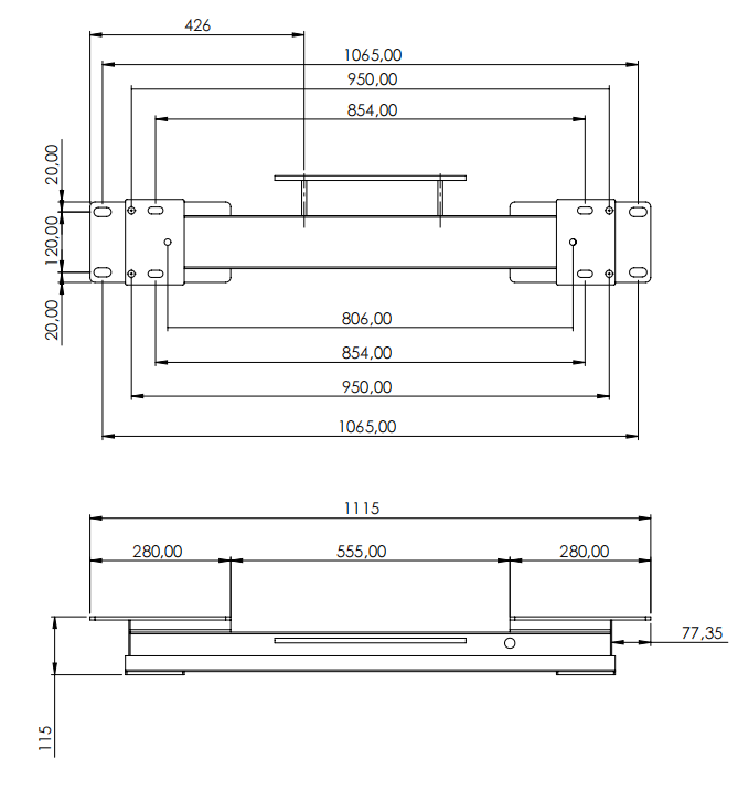 Weigh Bar Pro dimensional drawing - top and side views
