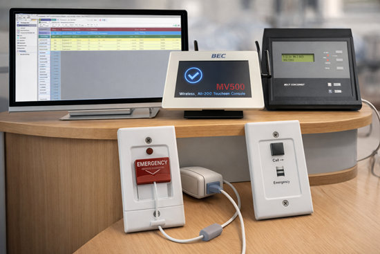Wireless nurse call system components including touchscreen consoles and emergency wall call buttons