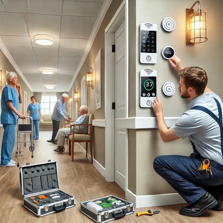 Workers installing a wireless nurse call system in an assisted living facility, showcasing the ease of setup and improved safety for residents