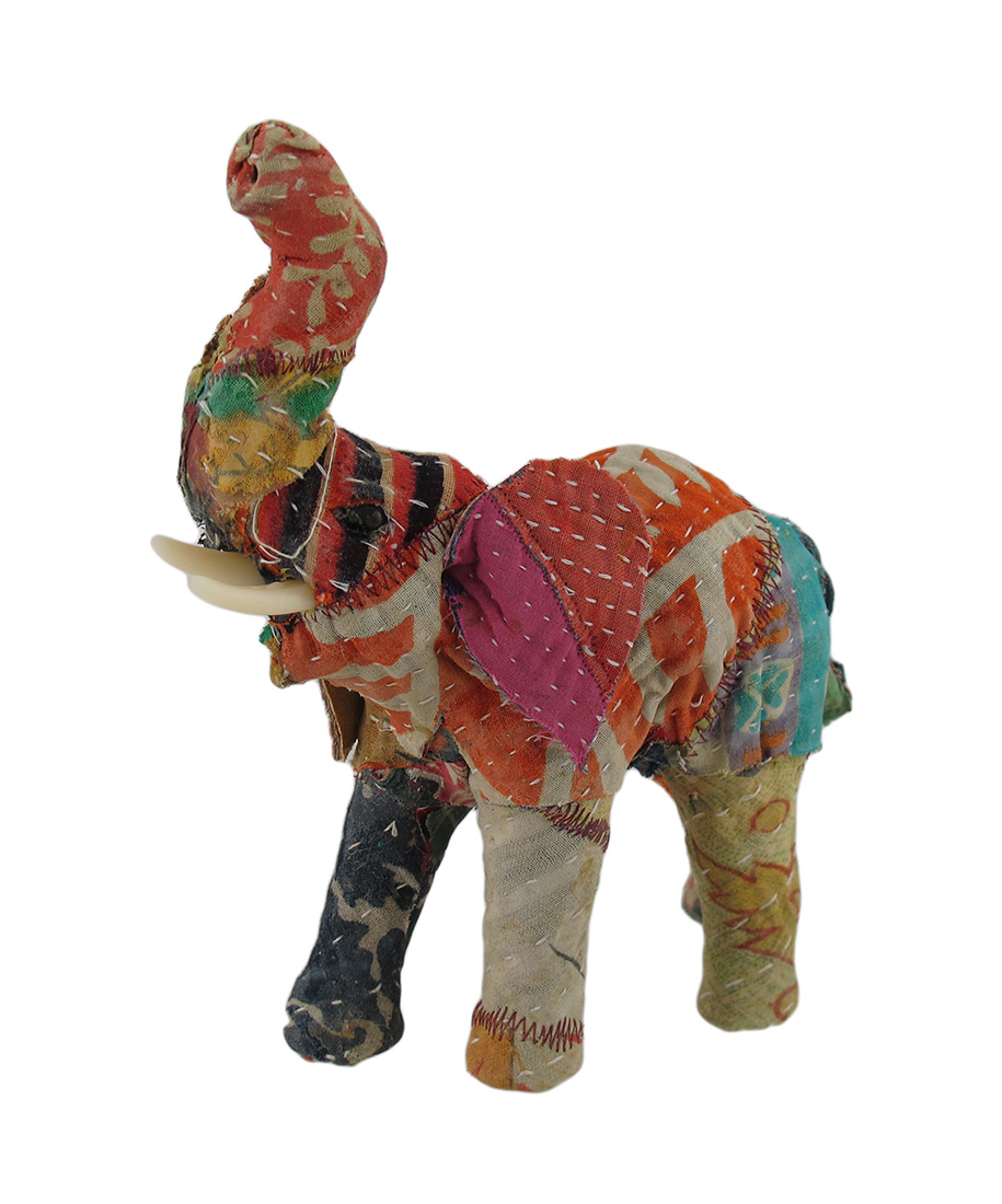 Zeckos Vintage Sari Fabric Covered Paper Mache Elephant Sculpture 7 in