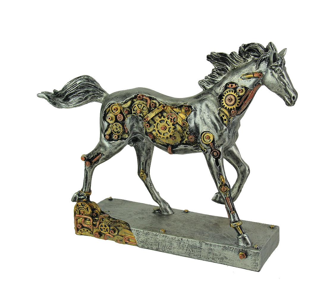 Zeckos Steam Stallion Metallic Silver Running Steampunk Horse