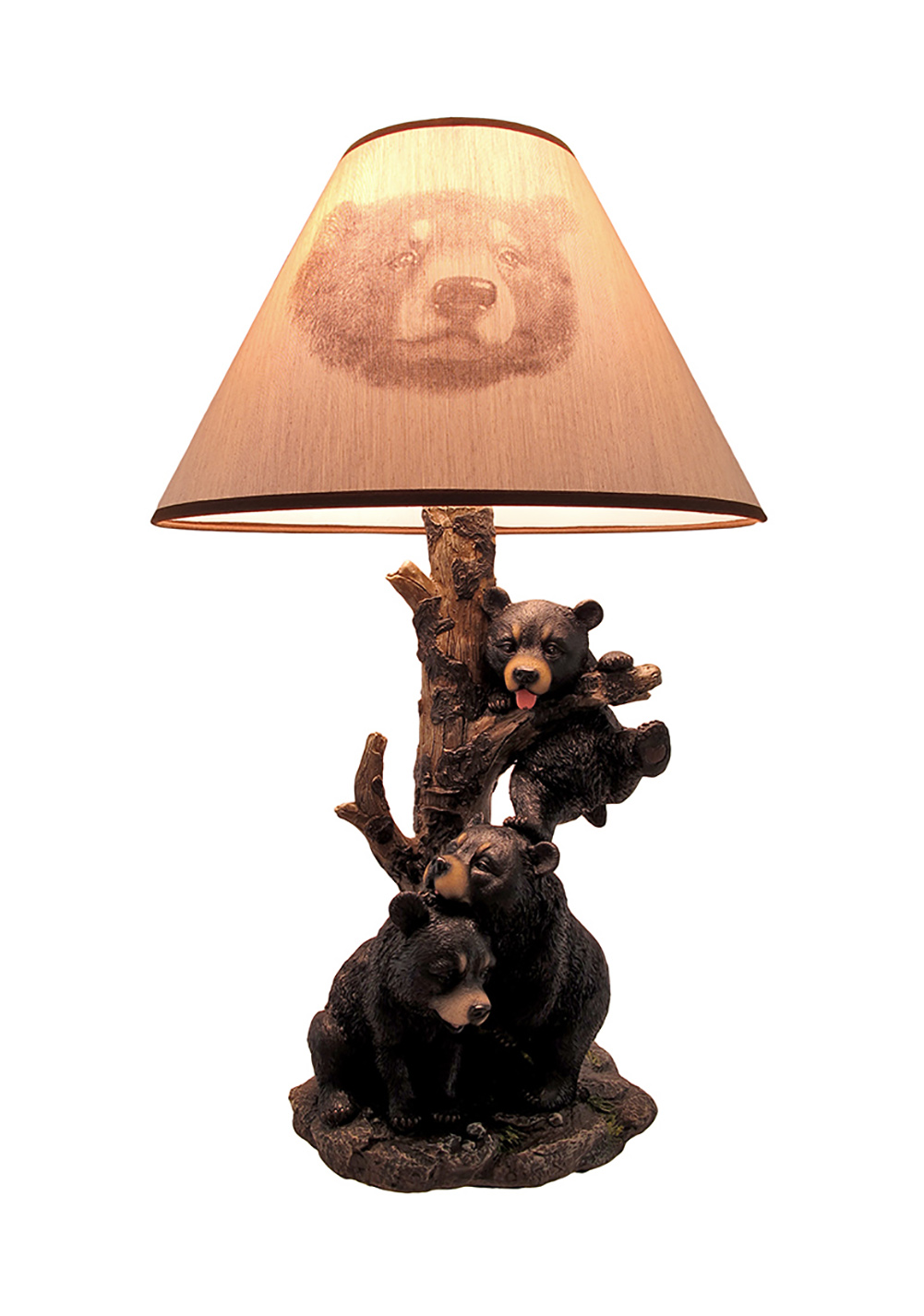 Zeckos Black Bear Family Table Lamp with Tree Bark Print Shade