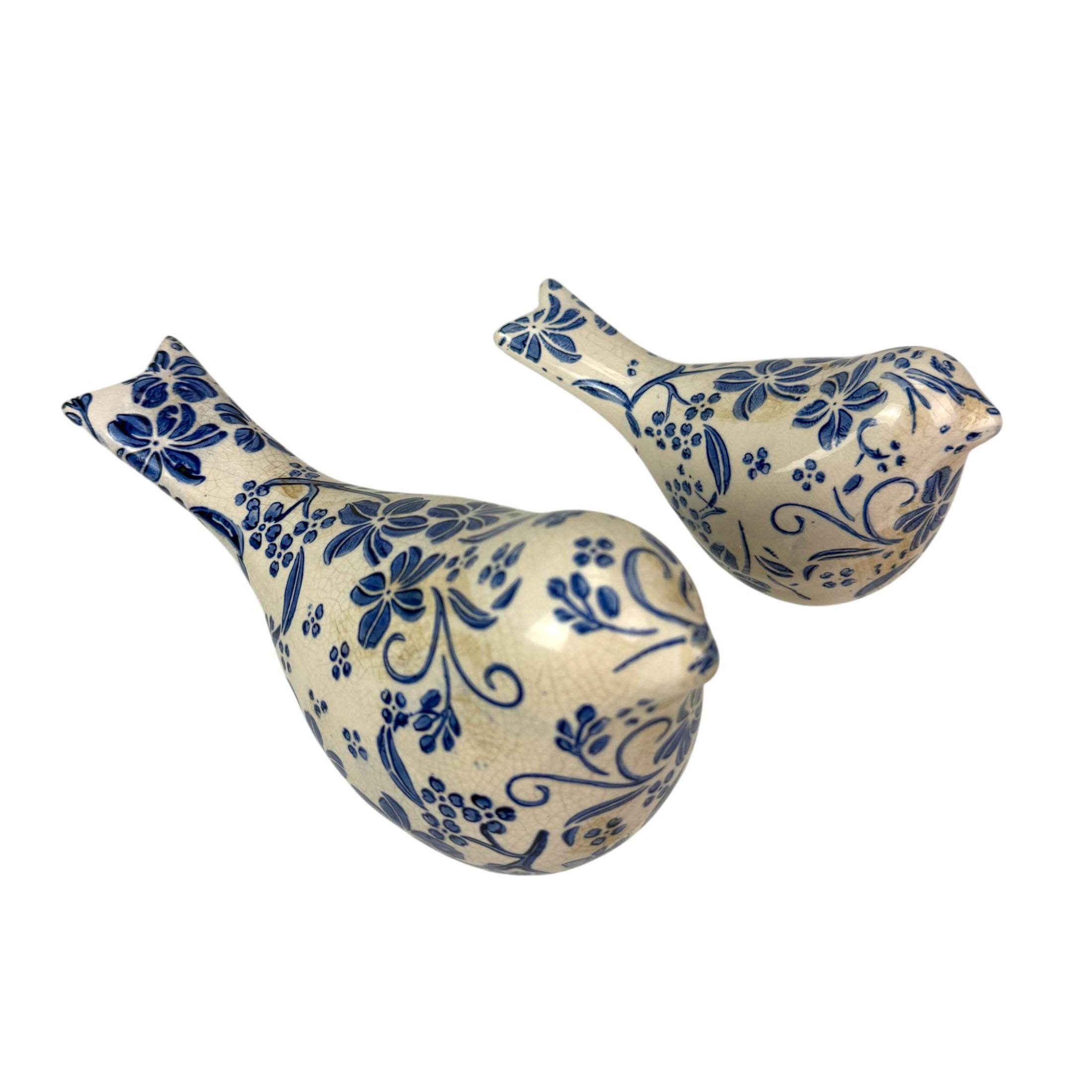 Blue White Ceramic Bird Figurine Set of 2 Delft Style 8.25 in