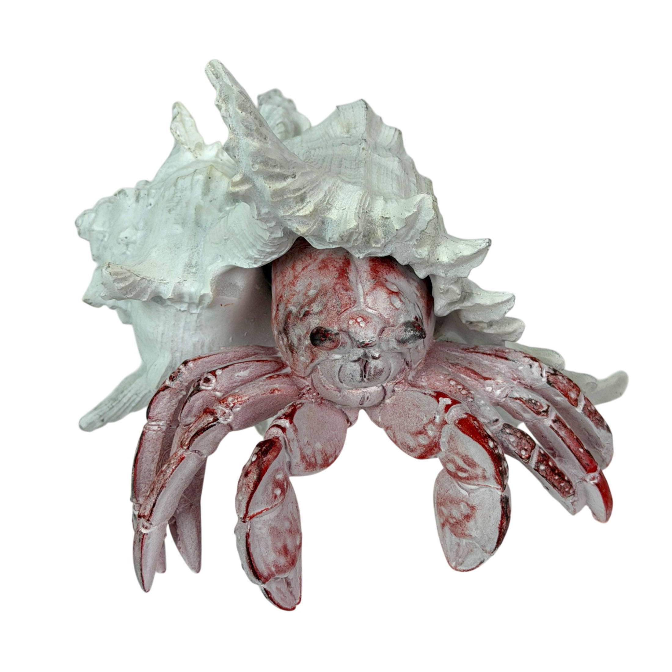 Resin Hermit Crab Statue Red Whitewashed Shell Coastal Figurine
