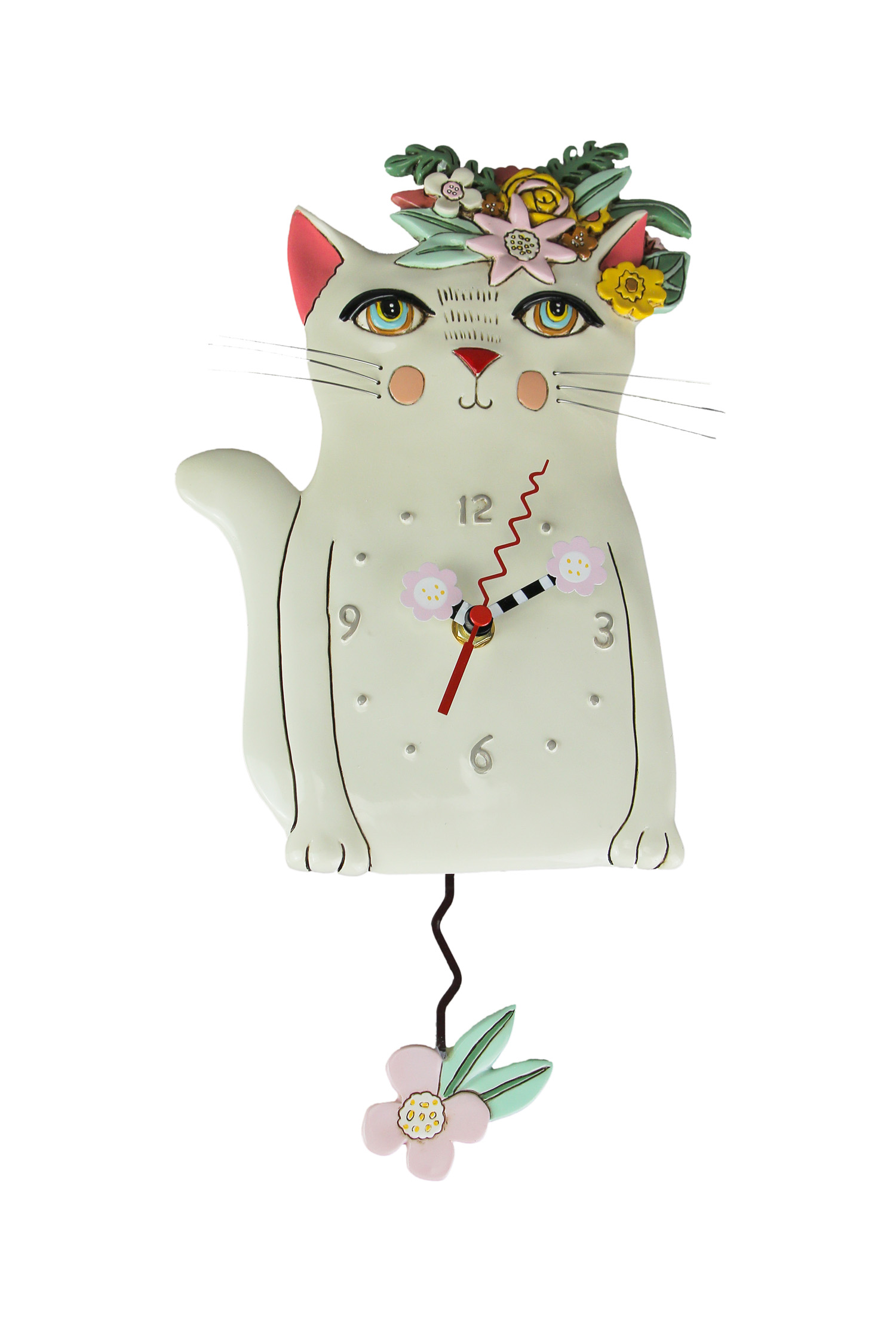Allen Designs Pretty Kitty White Floral Cat Pendulum Wall Clock eBay
