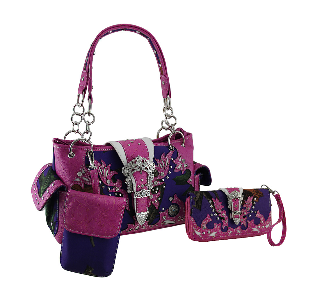 Rhinestone Buckle Embossed Trim Purple Camo Conceal Carry Purse/Wallet