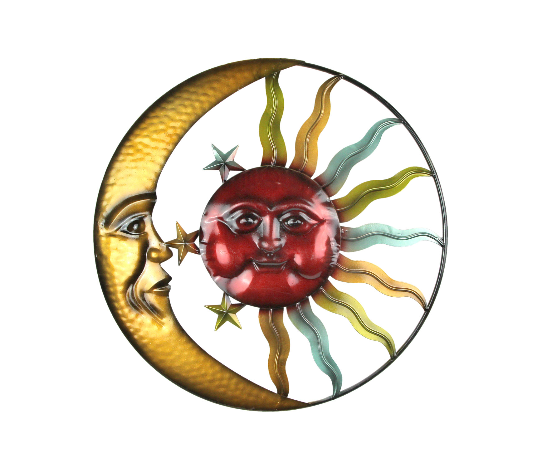 Colorful Painted Metal Art Celestial Sun and Moon Indoor Outdoor Wall