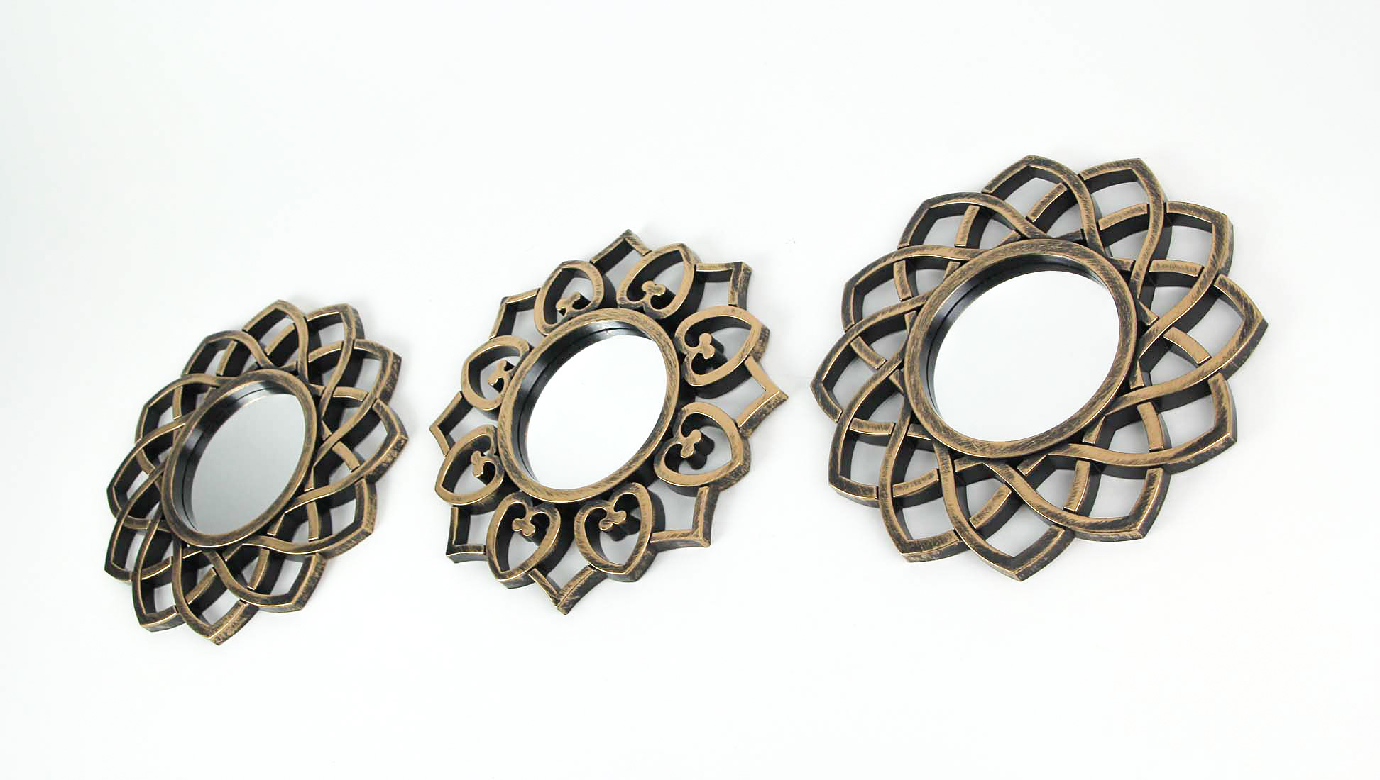 Set of 3 Elegant Antique Metallic Gold Finish Ornate Frame Wall Mirrors