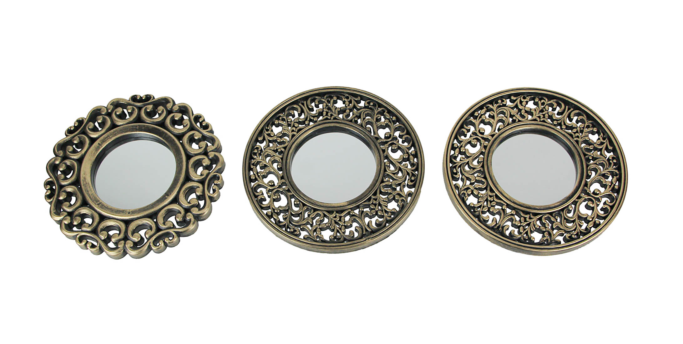 Set of 3 Elegant Antique Metallic Gold Finish Ornate Frame Wall Mirrors