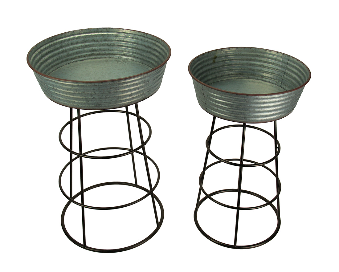 Zeckos Rustic Galvanized Metal 2 Piece Round Wash Tub Planter Stand Set