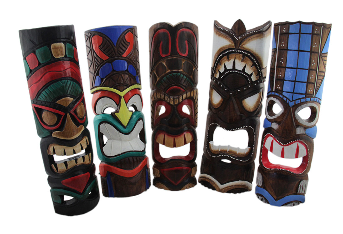 Set of 5 Assorted Tiki Masks Hand Carved Wood Colorful Tikis 19 in