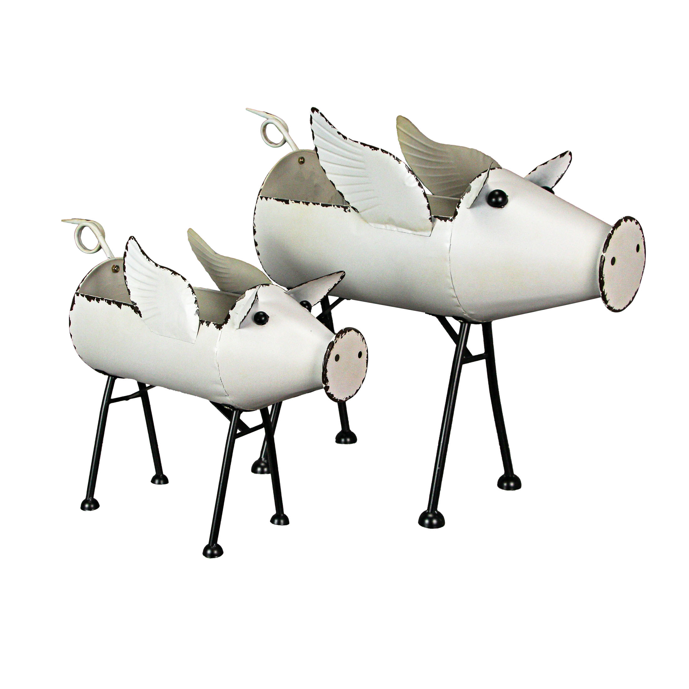 Scratch & Dent Set of 2 Rustic White Finish Metal Flying Pig