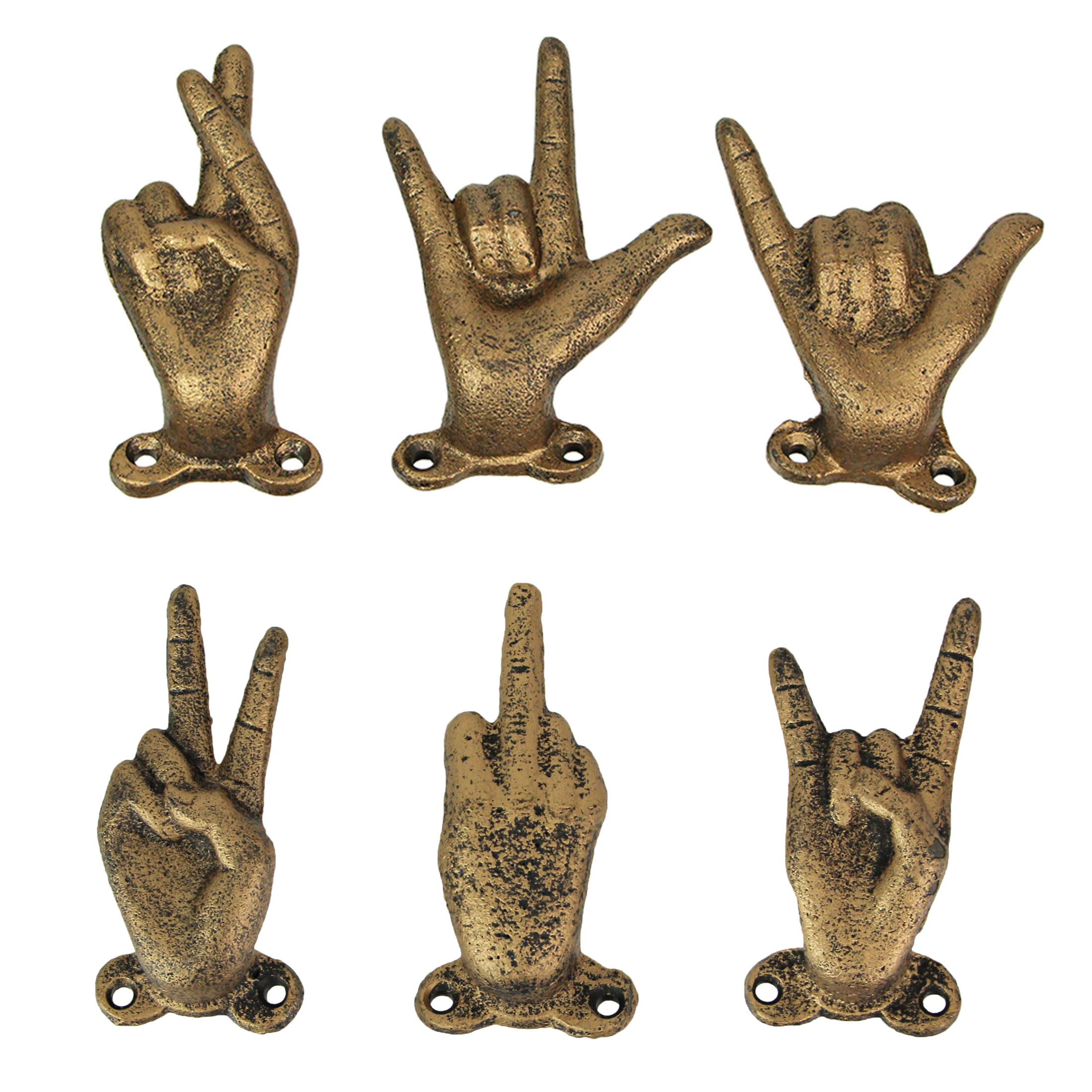 Set of Cast Iron Wall Hooks, Hand Gestures, Gold Finish, For