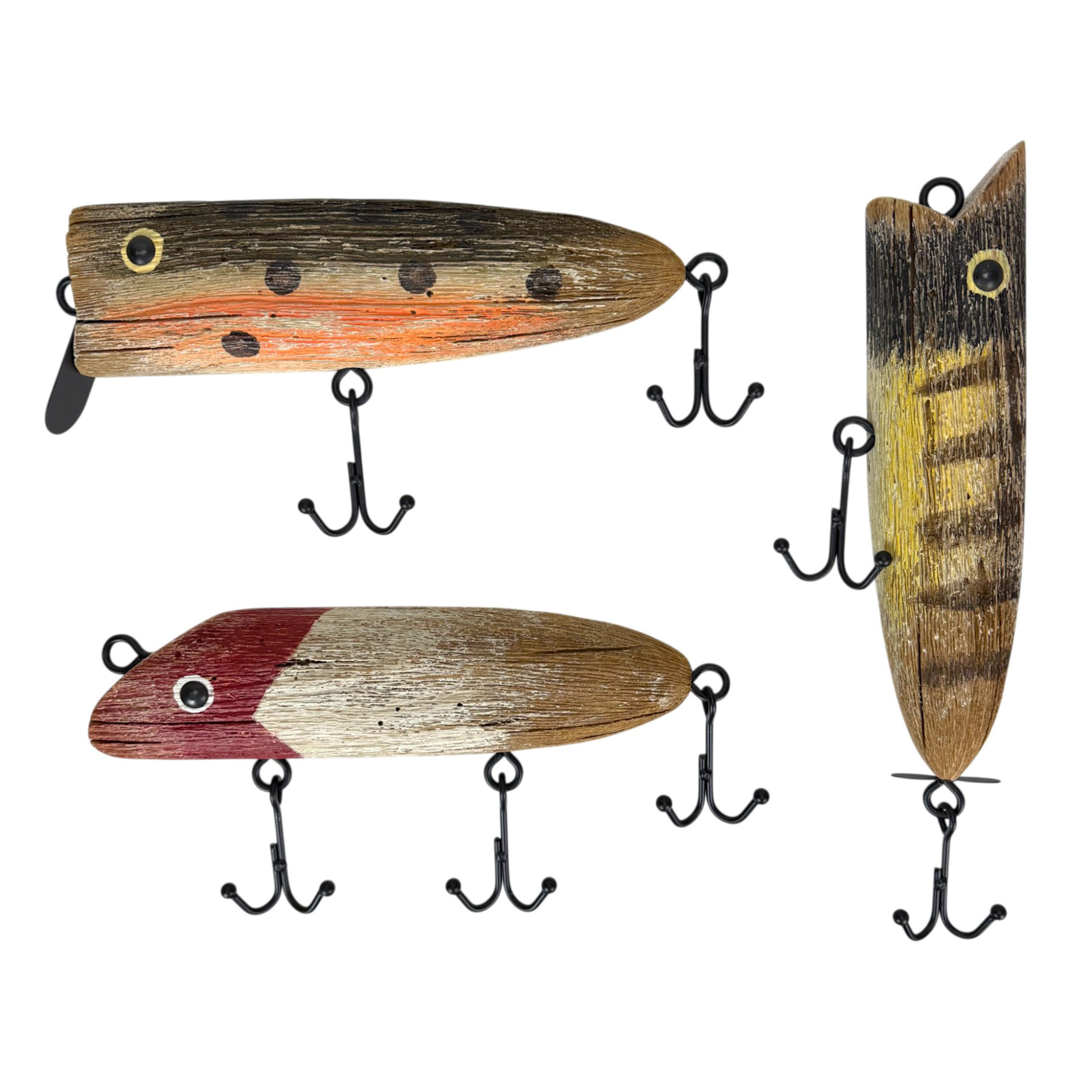 Fishing Lure Wall Hook Sculptures Set of 3 Vintage Wood Metal 13