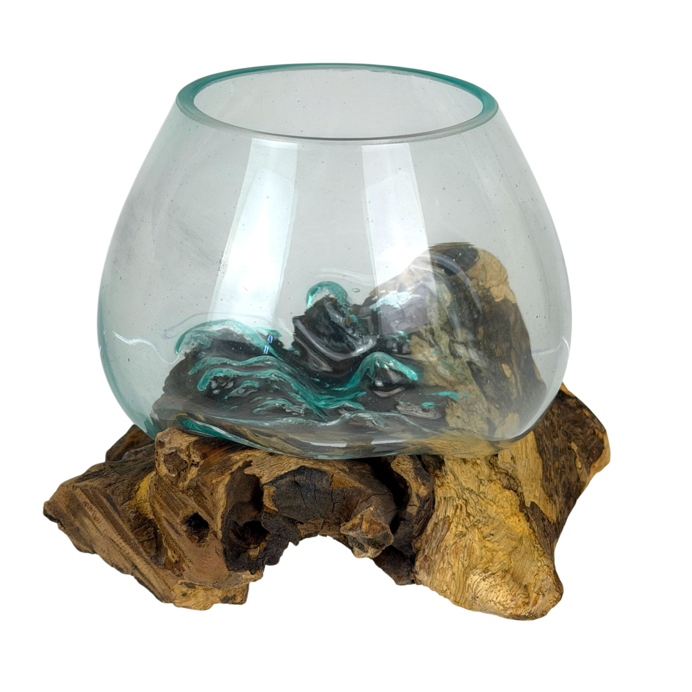 Zeckos Planter Terrarium Driftwood Base Molten Glass Bowl 7.5 in