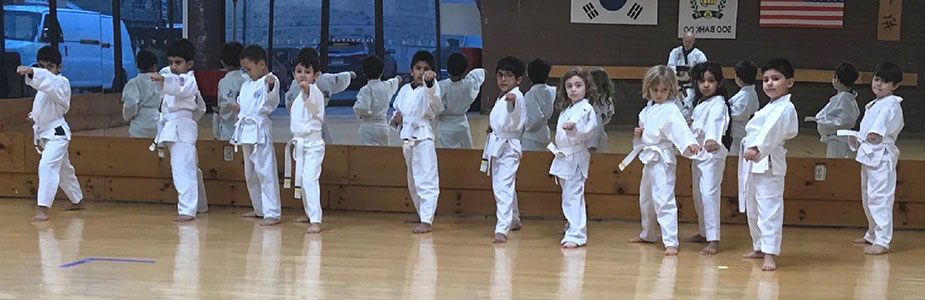 tots children line up during karate class