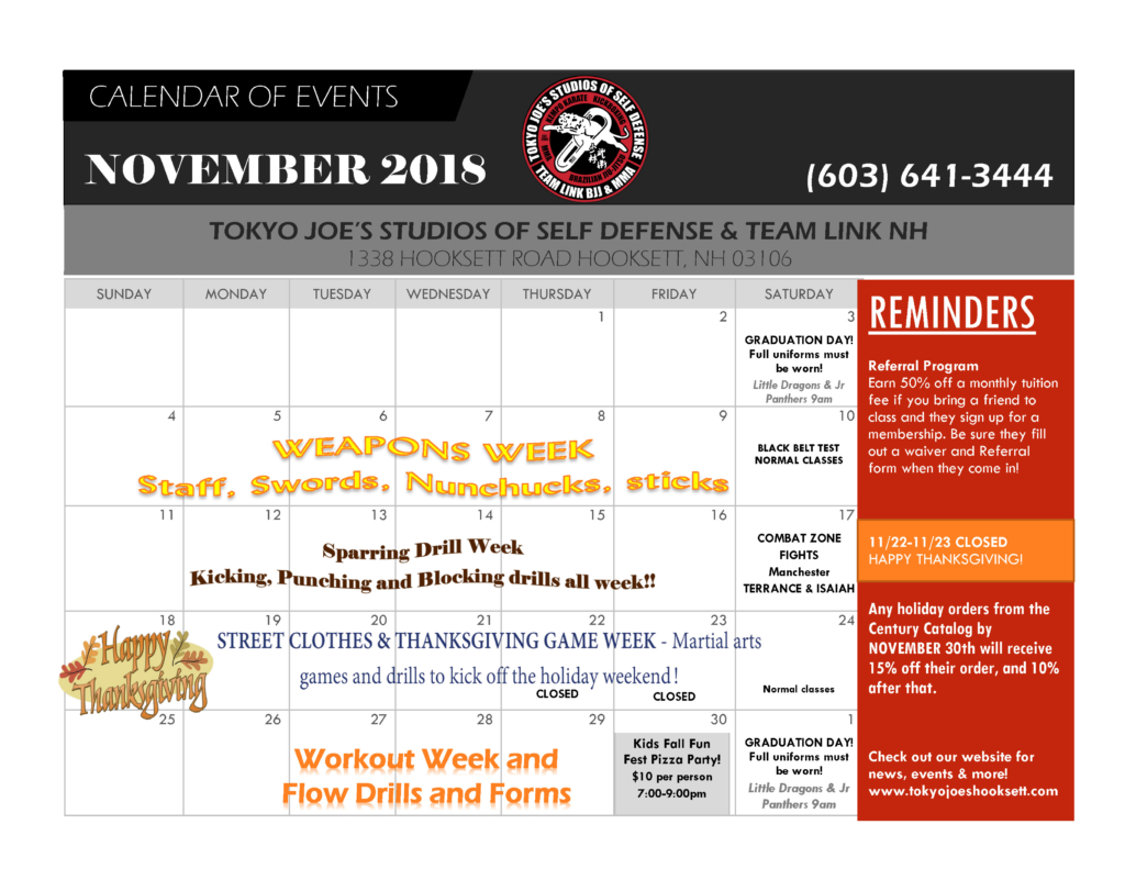NOVEMBER CALENDAR Tokyo Joe's Studio of Self Defense