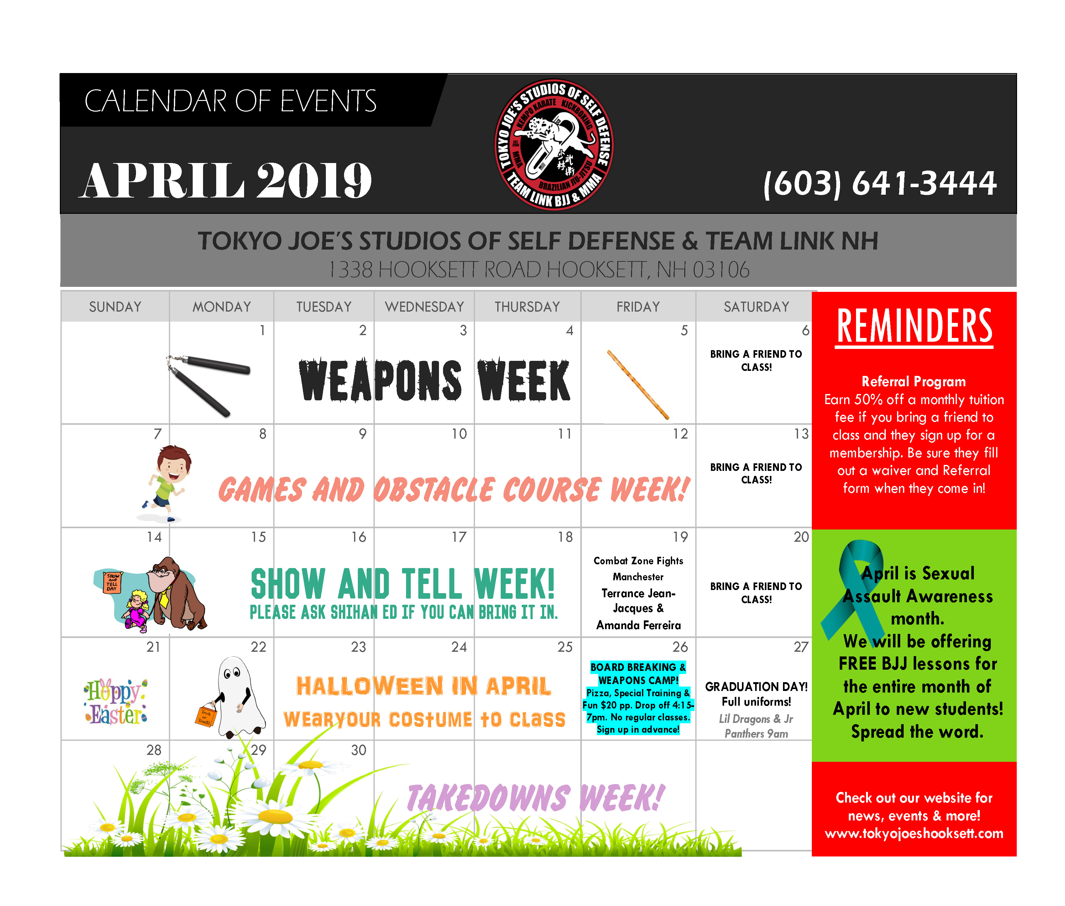 April Calendar Tokyo Joe's Studio of Self Defense