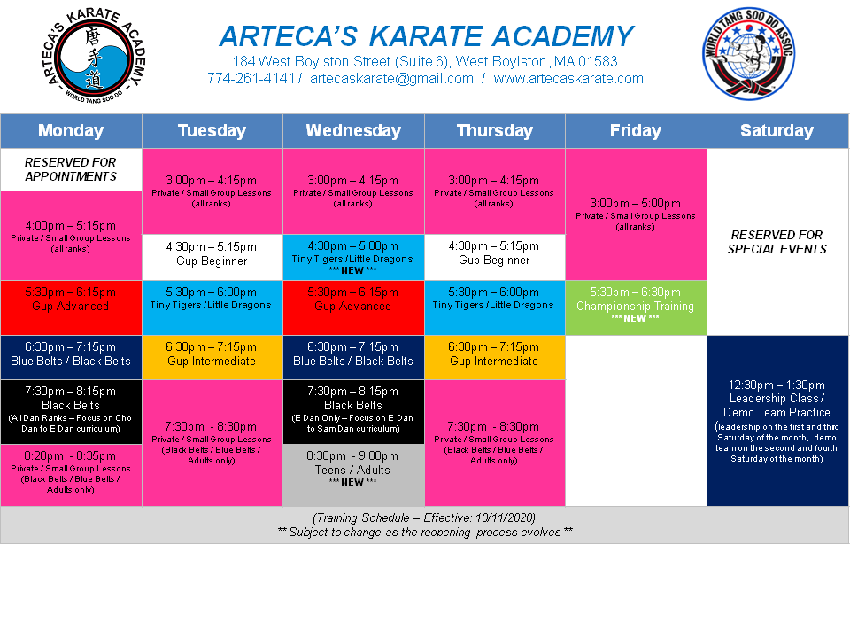 ArtecasKarateAcademy-TrainingSchedule-Effective10-11-2020-v1-Page1