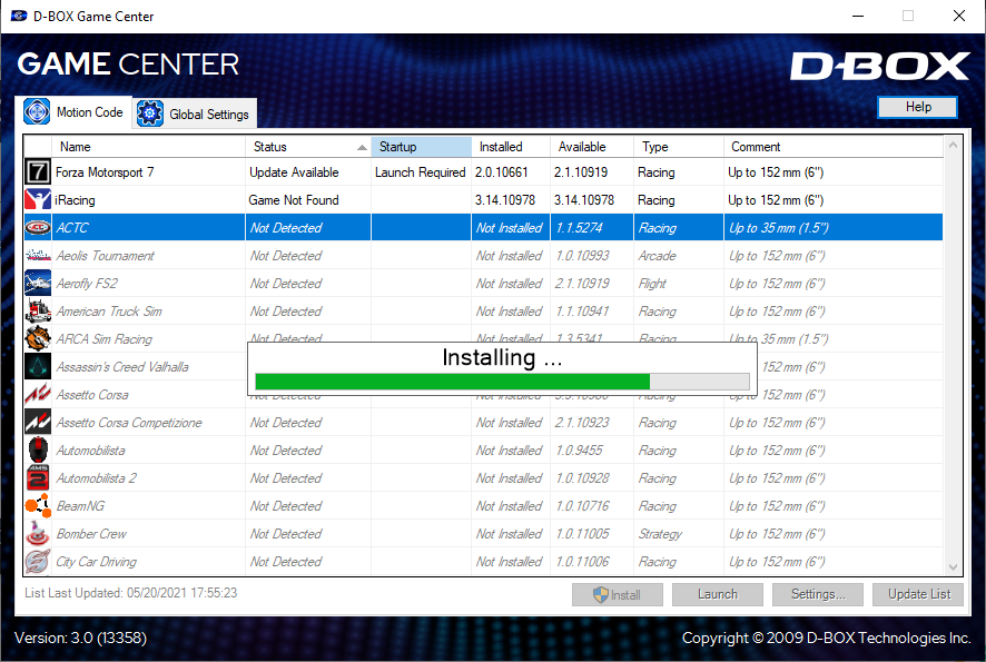 How do I install motion codes from the Game Center?