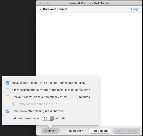 Screenshot of the Zoom breakout rooms option window, where the host can manage the timer for the breakout sessions.