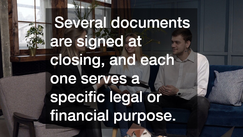 Several documents are signed at closing, and each one serves a specific legal or financial purpose.