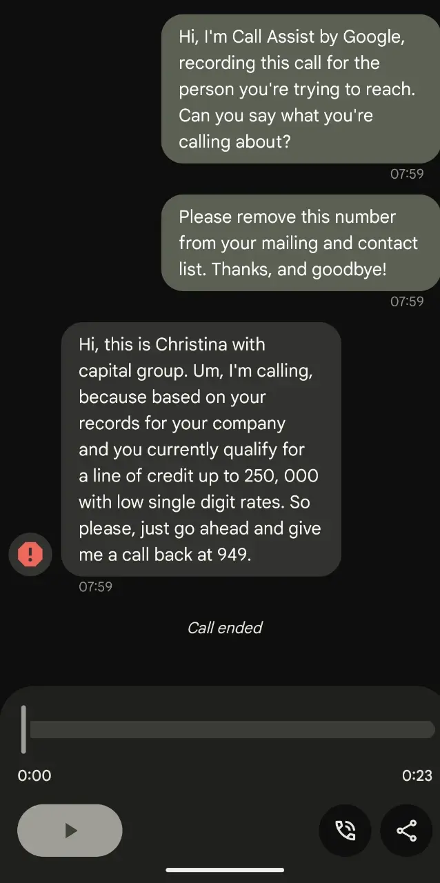 Googleアシスタントが迷惑電話に対応した通話のトランスクリプト