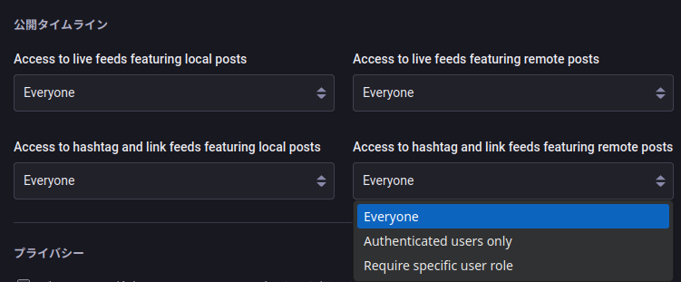 公開タイムライン
- Access to live feeds featuring local posts
- Access to live feeds featuring remote posts
- Access to hashtag and link feeds featuring local posts
- Access to hashtag and link feeds featuring remote posts
で
- Everyone
- Authenticated users only
- Require specific user role (Access to hashtag and link feeds featuring local postsを除く)
を選択できる