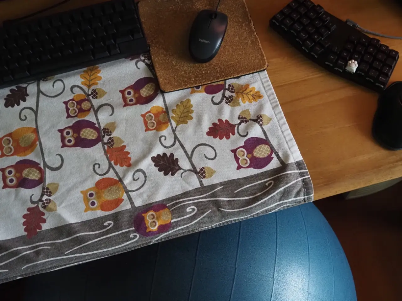 机上にHHKBとマウス、Keyboard.io Atreusとトラックボール、その下にバランスボールの見える写真