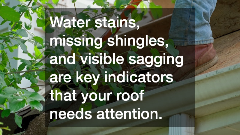 Water stains, missing shingles, and visible sagging are key indicators that your roof needs attention.