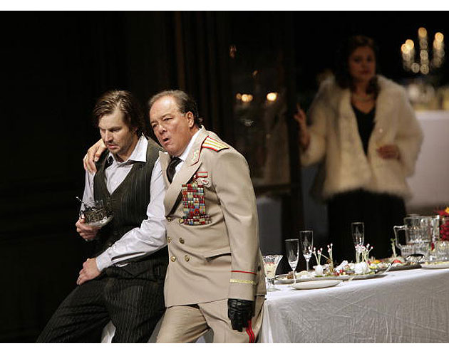 Peter Mattei as Eugen Onegin (L) and Ferruccio Furlanetto as prince Gremin (R) perform during a dress rehearsal for the opera 'Eugen Onegin'