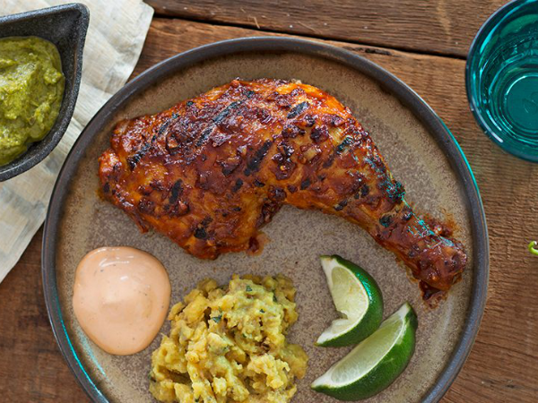 Peruvian Chicken with Mashed Plantains and Chile Sauce