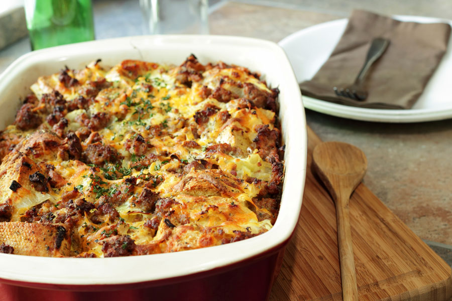 Cynthia Beretta&#039;s Maple Sausage Savoury Bread Pudding with Maple Brown Butter Sauce. Photo: Courtesy of Beretta Farms