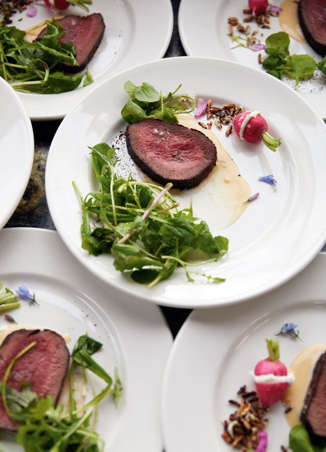 Roasted Elk Rack on a white plate with greens.