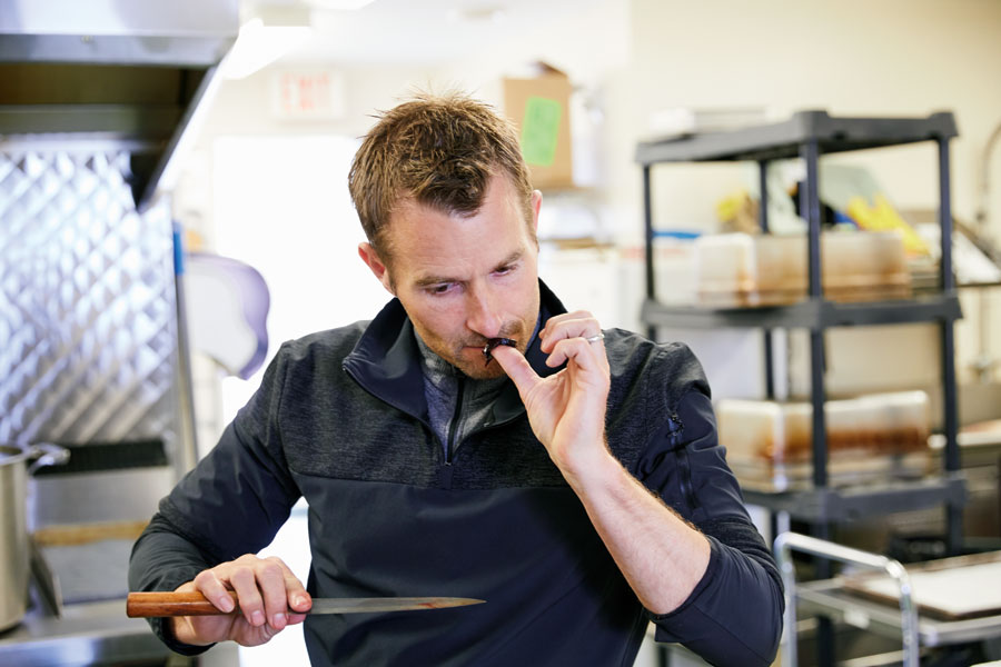 Chef Ned Bell trying seal for the first time.