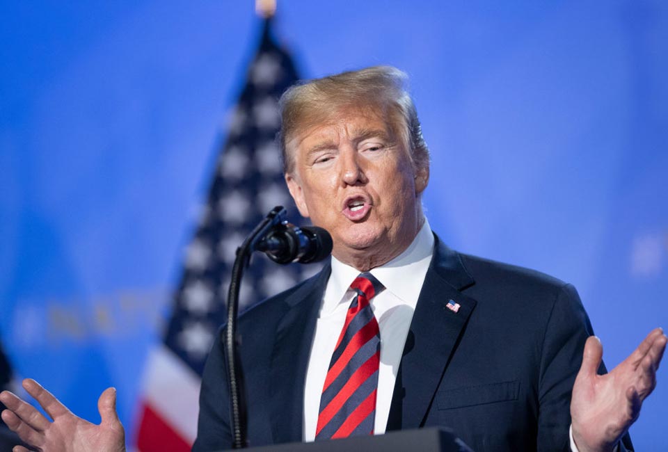 President Donald Trump gestures during a news conference at the 2018 NATO Summit at NATO headquarters on July 12, 2018 in Brussels, Belgium. Leaders from NATO member and partner states are meeting for a two-day summit, which is being overshadowed by strong demands by U.S. President Trump for most NATO member countries to spend more on defense. (Photo by Jasper Juinen/Getty Images)