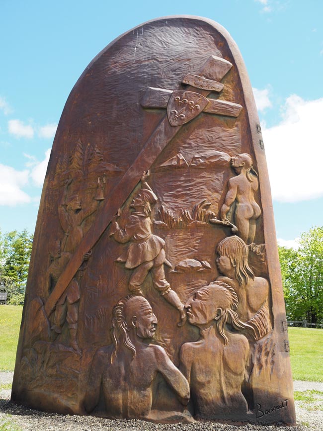 Detail of one of the cast iron sculptures at Musee de la Gaspesie marking the arrival of explorer Jacques Cartier in 1534.