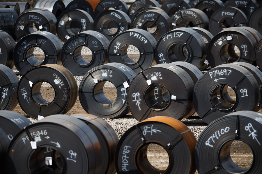 Rows of steel coils in a yard at ArcelorMittal Dofasco steel plant in Hamilton.