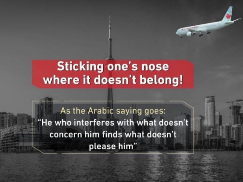 Photo of air canada plane flying toward CN Tower from tweet posted by Saudi youth group.