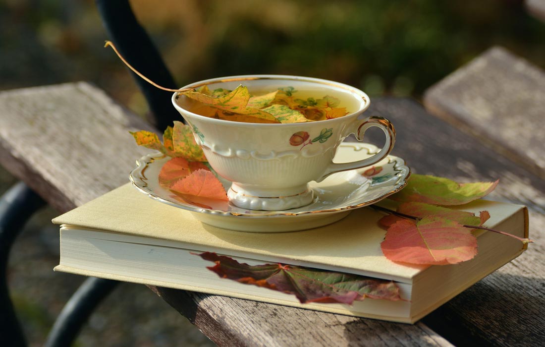 Tea cup and book scattered with autumn leaves.