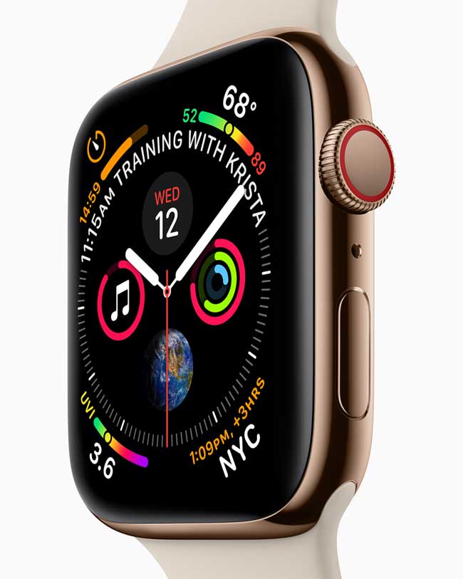 The apple watch series 4 displaying the minute, second and hour hand.