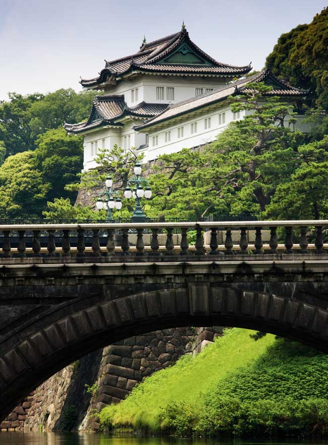 The entrance bridge to the Imperial Palace in Tokyo, surrounded by lush green trees.