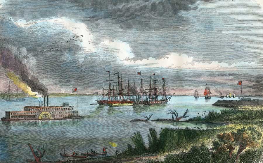 A painting of a steam-packet and tug-boat on the Mississippi.