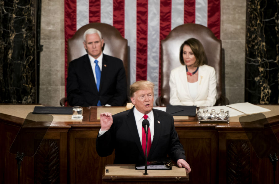 President Donald Trump delivers his State of the Union Address to a joint session of Congress in the Capitol on Tuesday, Feb. 5, 2019, as Vice President Mike Pence and Speaker of the House Nancy Pelosi, D-Calif., listen. (Photo By Bill Clark/CQ Roll Call)