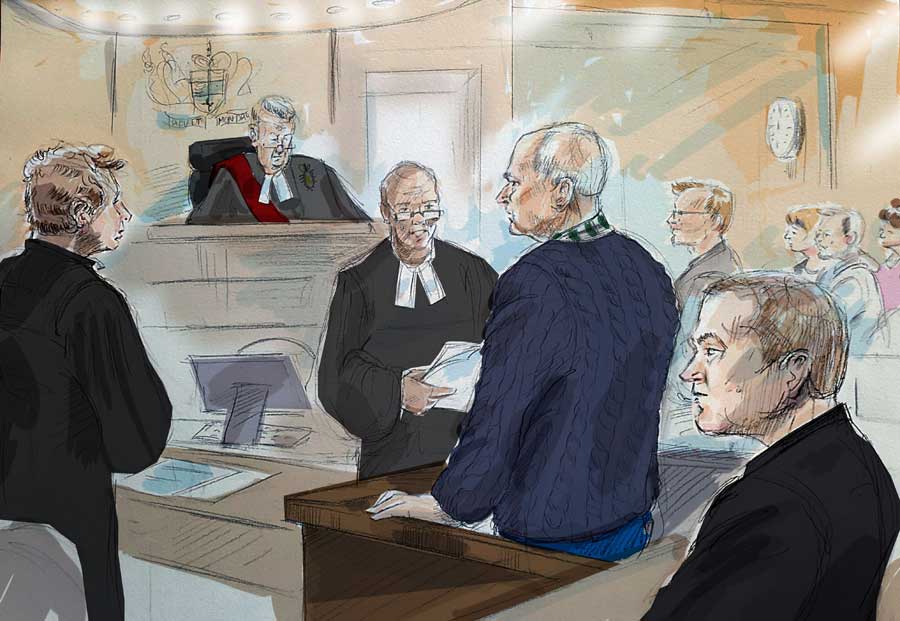 Defence lawyer James Miglin, left to right, Justice John McMahon, court registrar, Bruce McArthur, Crown Attorney Michael Cantlon, Detective Hank Idsinga, and friends and family of victims, back right, are shown in this court sketch in Toronto on Tuesday, January 29, 2019.