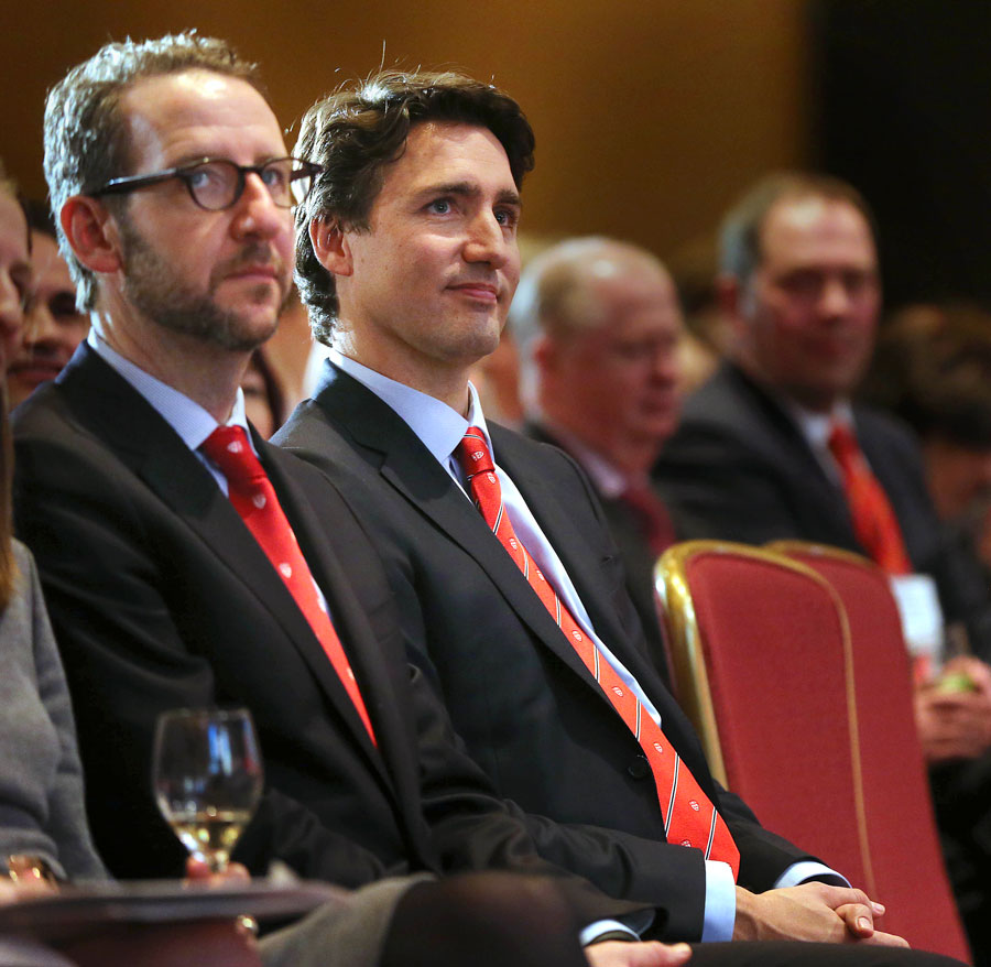 Liberal Leader Justin Trudeau sits with his advisor Gerald Butts before he speaks at the Royal York Hotel about &quot;Liberty in a culturally diverse society.&quot; while addressing the McGill Institute for the Study of Canada in the Canadian Room at the Royal York Hotel in Toronto. March 9, 2015.