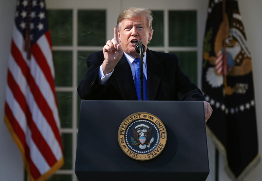 U.S. President Donald Trump speaks on border security during a Rose Garden event at the White House February 15, 2019 in Washington, DC. Trump said he would declare a national emergency to free up federal funding to build a wall along the southern border.