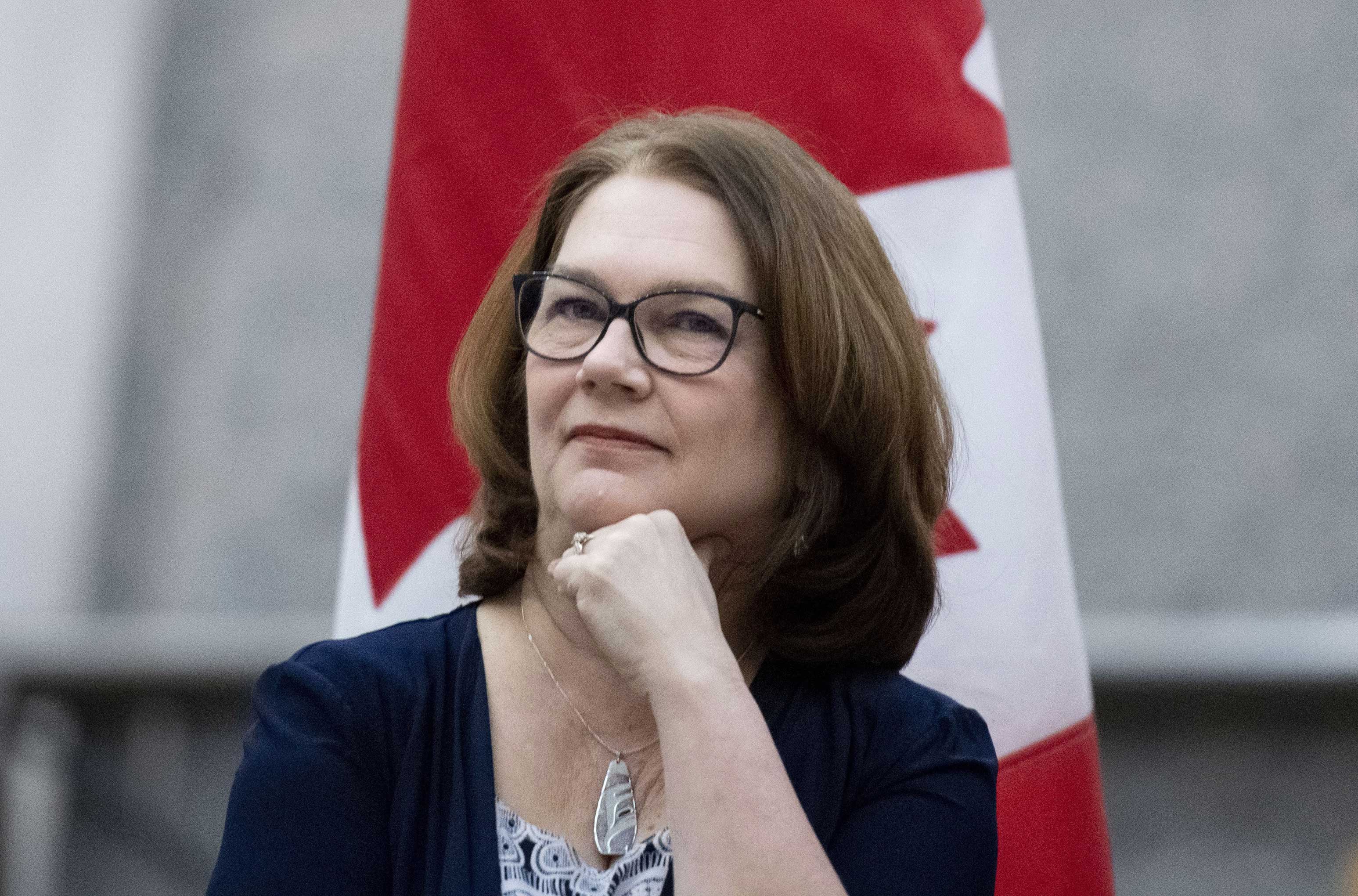 Jane Philpott with a Canadian flag draped behind her.